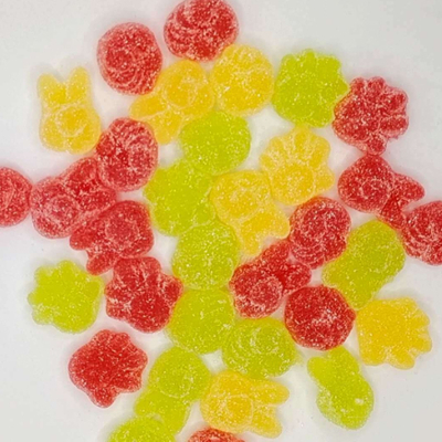 Doces de cor mista em forma de fruta com infusão de goma com revestimento de açúcar