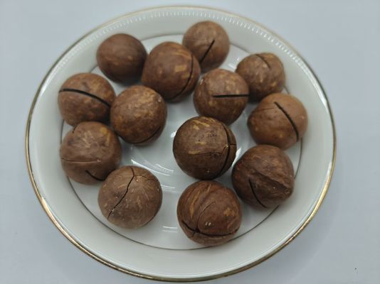 Deliciosas nozes de macadâmia naturais em saco plástico
